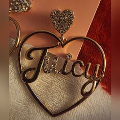 Gold-Tone Heart-Shaped Earrings With Pave Heart Stud And Rhinestone Embellished Logo. Approximately 2.25h X 2w. Personalized Heart Earrings For Party, Juicy Couture Earrings, Edgy Jewelry, Juicy Couture Jewelry, Faux Pearl Earrings, Crystal Dangle Earrings, Bee Earrings, Heart Shaped Earrings, Fame Dr