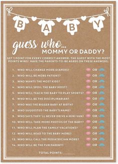 a baby shower game with clothes hanging on a line and the words guess who, mommy or daddy?