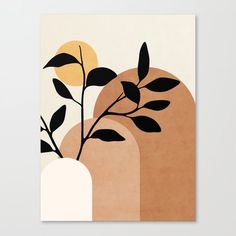 an abstract painting with leaves in a vase