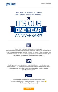 an advertisement for jetblue's it's our one year anniversary