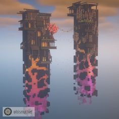 two tall buildings in the middle of water with pink and purple flowers growing out of them