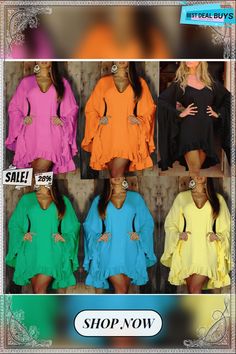 Summer Elegant Chic Women's Pullover V-neck Irregular Dress Trendy V-neck Mini Dress, Trendy V-neck Mini Dress With Ruffles, Stretch V-neck Mini Dress For Fall, V-neck Mini Dress For Fall Brunch, Solid V-neck Mini Dress For Fall, Trendy Solid Color V-neck Mini Dress, Trendy V-neck Mini Dress For Brunch, Trendy V-neck Solid Color Mini Dress, Fall Beach Mini Dress With V-neck