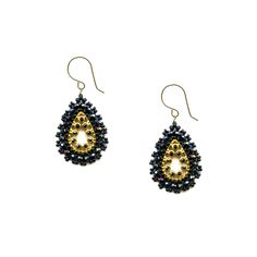 LENGTH: 1.75"BLACK QUARTZ, SWAROVSKI, MIYUKI, 14K GOLD FILL Miguel Ases Jewelry, Black Masquerade, Stitch Jewelry, Black Quartz, Beaded Jewels, Beaded Earrings Patterns, Fall Earrings, Earrings Inspiration, Miyuki Beads