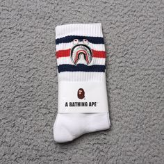 A Bathing Ape Crew Socks Embroidered Shark Head Striped Mens Womens Unisex Size: One Size Fits All Color: White Blue Red Brand New In Packaging. Fast Shipping! 1 Day Shipping And Handling. White Cotton Socks For Streetwear, Brand Socks, Shark Head, Bathing Ape, A Bathing Ape, Casual Socks, Crew Socks, One Size Fits All, White Blue