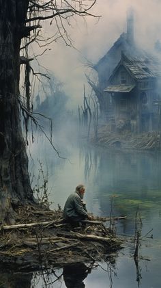 a man sitting on top of a log in the middle of a lake next to a house