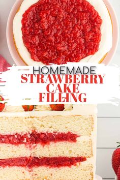 homemade strawberry cake with white frosting and strawberries on top