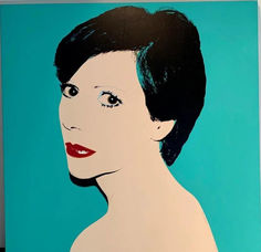 a painting of a woman's face with short hair and red lipstick on a blue background