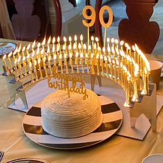 a birthday cake with lit candles on it