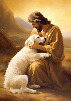 a painting of jesus holding a white dog