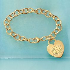 Ross-Simons - Monogram Italian 14kt Yellow Gold Heart Charm Bracelet. 8". Our classic 14kt yellow gold cable link bracelet with a heart charm is a lovely piece that dresses up any ensemble! Charm comes personalized with monogram in block or script. Made in Italy. Lobster clasp, 14kt yellow gold bracelet. Classic Heart Charm Bracelet, Elegant Bracelets With Heart Charm For Personalized Gift, Elegant Bracelets With Heart Charm, 14k Gold Charm Bracelet With Heart Charm, Classic Heart Charm Bracelet For Anniversary, Classic Gold Charm Bracelet With Heart, 14k Yellow Gold Charm Bracelet With Heart Charm, 14k Gold Yellow Gold Charm Bracelet With Heart Charm, Elegant Gold Charm Bracelet With Heart Charm