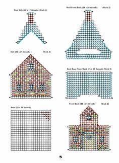 four cross stitch houses are shown in different colors and sizes, each with their own pattern