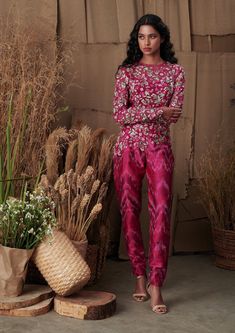 Shriya Som | Multicolor Floral Lehenga Set | INDIASPOPUP.COM Ikat Pants, Taffeta Top, Embroidery Jumpsuit, Blouse Yoke, Embroidered Jumpsuit, Floral Lehenga, Jumpsuit For Women, Silk Ikat, Pink Round