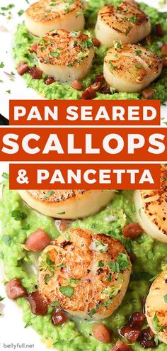 pan seared scallops and pea sauce on a white plate with text overlay