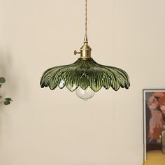 a green lamp hanging from a ceiling in a room with a plant on the side