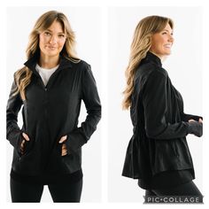 Brand New Versatile Black Long Sleeve Outerwear, Stretch Outerwear With Pockets For Everyday, Long Sleeve Windbreaker For Fall Layering, Black Stretch Track Jacket For Spring, Fall Black Sports Outerwear, Black Outerwear For Sports In Fall, Fall Sports Black Outerwear, Casual Fitted Black Windbreaker, Fitted Casual Black Windbreaker