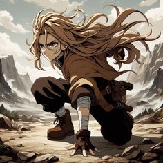 an anime character with long hair crouching down on the ground in front of mountains