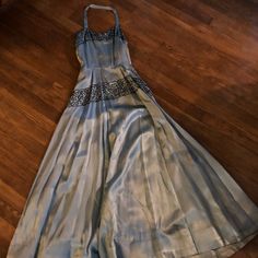 Vintage Satin Custom Made Gown Hand Beaded Metal Zipper Gorgeous. Worn Yo Event S With President Dresses Vintage, Metal Zipper, Hand Beading, Vintage Dresses, Vintage Ladies, Blue Black, Custom Made, Maxi Dress, Satin