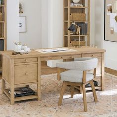 a wooden desk with two chairs in front of it