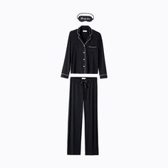 Indulge in timeless elegance with our classic pajama set in black modal. Featuring ivory piping, a button-front collared top, and straight-leg tie-waist pant, it's completed with an embroidered eye mask for 'Beauty Sleep'. Classic Sleep Sets With Relaxed Fit, Classic Relaxed Fit Sets For Daywear, Classic Relaxed Fit Loungewear Sets, Elegant Black Sets For Night, Elegant Black Night Sets, Classic Relaxed Fit Sets For Workwear, Elegant Black Pajama Party Set, Black Relaxed Fit Sets For Workwear, Black Relaxed Fit Workwear Sets