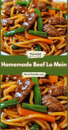 two pictures of beef lo mein with noodles and vegetables