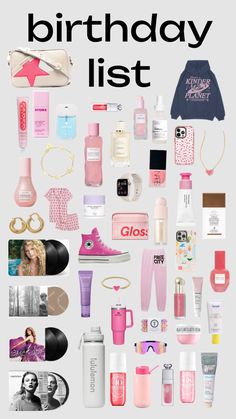 the birthday list is filled with pink and white items, including shoes, perfumes, lipstick