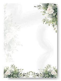 a white and green wedding card with flowers on the front, and greenery in the back