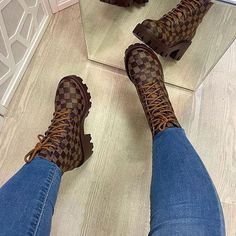 Style: Fashion. Stylish Item: Boots Upper Material: Faux Leather Toe: Round Toe Closure Type: shoelace Chunky Sole Boots, Ankle Strap Chunky Heels, Zipper Heels, Checkerboard Pattern, Fall Fashion Outfits, Lace Up Heels, Wedge Boots, Fall Outfit, Cute Shoes