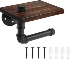 a wooden table with black hardware and screws