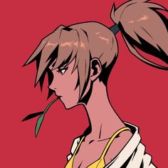 an anime character with her hair in a ponytail and wearing a yellow shirt, standing against a red background