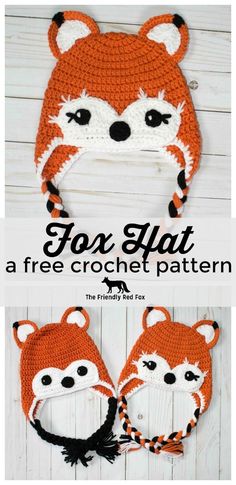 two crocheted hats with fox faces on them