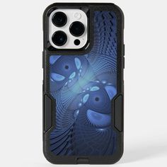 an iphone case with blue and black artwork on it