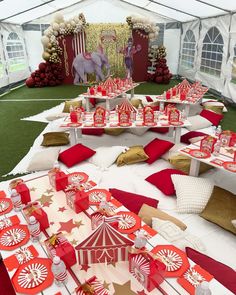 a circus themed birthday party with red and white tablecloths, napkins and decorations