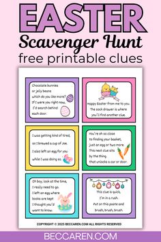 This Easter scavenger hunt is such a fun way for kids to find their Easter eggs and basket. There are 24 free printable clue cards.