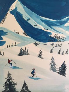 two skiers are skiing down a snowy hill with pine trees in the foreground