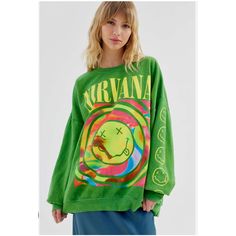 Urban Outfitters Nirvana Sweatshirt Size S/M Green New Without Tags Brand Tag Marked To Prevent Store Returns Easy Pullover Sweatshirt Topped With Iconic Nirvana Graphic At The Front. Crafted From An Overdyed Cotton Fleece In An Oversized Fit With Dropped Long Sleeves And Ribbed Trim At The Crew Neck, Cuffs And Hem. Content + Care - 50% Cotton, 50% Polyester - Machine Wash Cold With Like Colors - This Item Has Been Overdyed And May Transfer Dye. We Recommend That You Wash This Item Separately A Few Times Before Wearing. - Imported Bust 27" Across - Length: 28.5" 235 263 Gg X3 867ek Urban Outfitters Pink Nirvana Sweatshirt, Nirvana Smile, Green Nirvana Sweatshirt, Urban Outfitters Nirvana Shirt, Nirvana Sweatshirt, Purple Nirvana Sweatshirt, Urban Outfitters Tie Dye Sweatshirt, Wishlist 2024, Urban Outfitters Tops