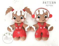 two brown and white stuffed animals wearing red overalls