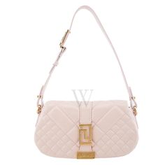 Versace Ladies Shoulder Bag. SKU: 10109511A081861PF5V. Color: Light Pink. Size: L 21 x W 7 x H 11.5 cm. Introducing Versace's Greca Goddess handbags, where iconic design meets luxurious craftsmanship. This shoulder bag features the signature Greca motif hardware in gleaming gold-tone metal, adorning both the front and strap for a touch of opulence. Crafted in Italy from smooth blush-pink lambskin, the bag boasts a tactile quilted finish, adding depth and sophistication to its compact silhouette. The debossed logo on the front exudes understated elegance, while the foldover top with magnetic fastening ensures security without compromising on style. Complete with an adjustable shoulder strap and internal slip pocket, this handbag seamlessly blends fashion with function, making it the perfect Color Light Pink, Pink Shoulder Bag, Debossed Logo, Iconic Design, Mini Handbags, Understated Elegance, Gold Tone Metal, Color Light, Icon Design