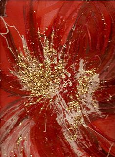 a red flower with gold glitters on it's petals is shown in this painting