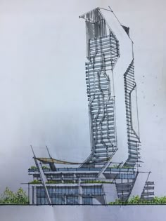 a drawing of a tall building with stairs