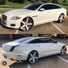 before and after shots of a white car parked in a parking lot next to each other