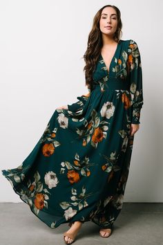 Olivia Maxi Dress | Deep Topaz Floral Modest Fall Dresses, Lulus Wedding, Prom Photography, Look Plus Size, Baltic Born, Green Maxi, Rust Dress, Classy Wedding, Dress Dusty