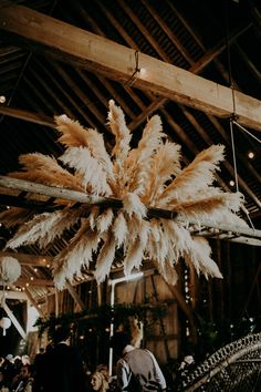 Pampas Grass Decor Hanging Installation Pampas Grass Hanging Installation, Hanging Pampas Grass Wedding, Pampas Floor Arrangement, Macrame Peacock, Black Tablecloth Wedding, Pampas Decor, Installation Wedding, Rustic Barn Wedding Decorations, Wedding Pampas