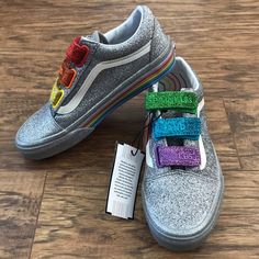 Nwt Vans Rainbow,Silver Glitter Old Skool X Flour Shop. Make Offer Silver Sneakers With Glitter Accents For Spring, Silver Vans Low-top Sneakers, Silver Low-top Vans Sneakers, Vans Rainbow, Shoes Vans, Women's Vans, Womens Vans, Old Skool, Vans Shoes