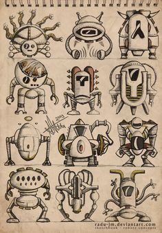 an old book with drawings of robots and other things on it's pages,