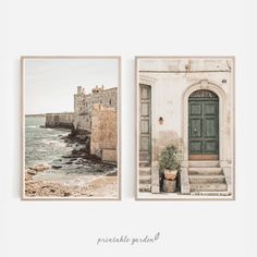 two pictures of an old building next to the ocean, one with a green door and another with a potted plant