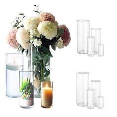 vases with flowers and candles are arranged on a white background