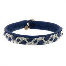 a blue leather bracelet with silver beads