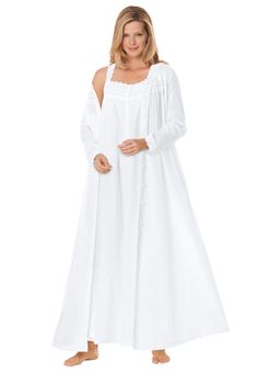 This beautiful 2-piece set lets you lounge in style. It consists of a robe and gown that fits and flows beautifully. The robe features laced eyelet trim, a sweetheart neck, pearl button placket, pintucking, shirring, and pockets. The gown is sleeveless and matches the robe's details. Gown: 52" lengthRobe 53" lengthLaced eyelet trim with button placketSleeveless with pintuck details on gownCotton; importedMachine wash | Plus Size Women's Long 2-Piece Cabbage-Rose Peignoir Set by Only Necessities Peignoir Sets, Occasion Dresses Wedding, Sleeveless Gown, Cabbage Roses, Womens Scrubs, Tunic Tank Tops, Swimsuits For All, Petite Tops, Sweetheart Neck