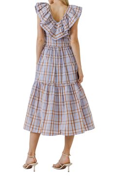 A perky plaid enlivens this crisp cotton dress, decked with ruffles and all about that pure prairie style. 100% cotton Hand wash, line dry Imported Prairie Dresses, English Factory, Ruffle Midi Dress, Cotton Blends Dress, Prairie Style, Lilac Dress, Feminine Aesthetic, Red Midi Dress, Plaid Print