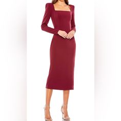 Description Ieena For Mac Duggal Crepe Fabric (100% Polyester) Fully Lined Through Body Square Neckline Long Sleeves Shoulder Pads Back Vent Concealed Back Zipper Approx. 48" From Top Of Shoulder To Bottom Hem Color: Wine (Dark Red) Style #26710 Red Fitted Knee-length Midi Dress, Red Midi-length Bodycon Winter Dress, White Knit Sweater Dress, Red Midi Dress With 3/4 Sleeves For Fall, Red Ruched Knee-length Midi Dress, Lace Cutout Dress, Elegant Red Knee-length Sweater Dress, Embellished Gown, Black Sleeveless Dress